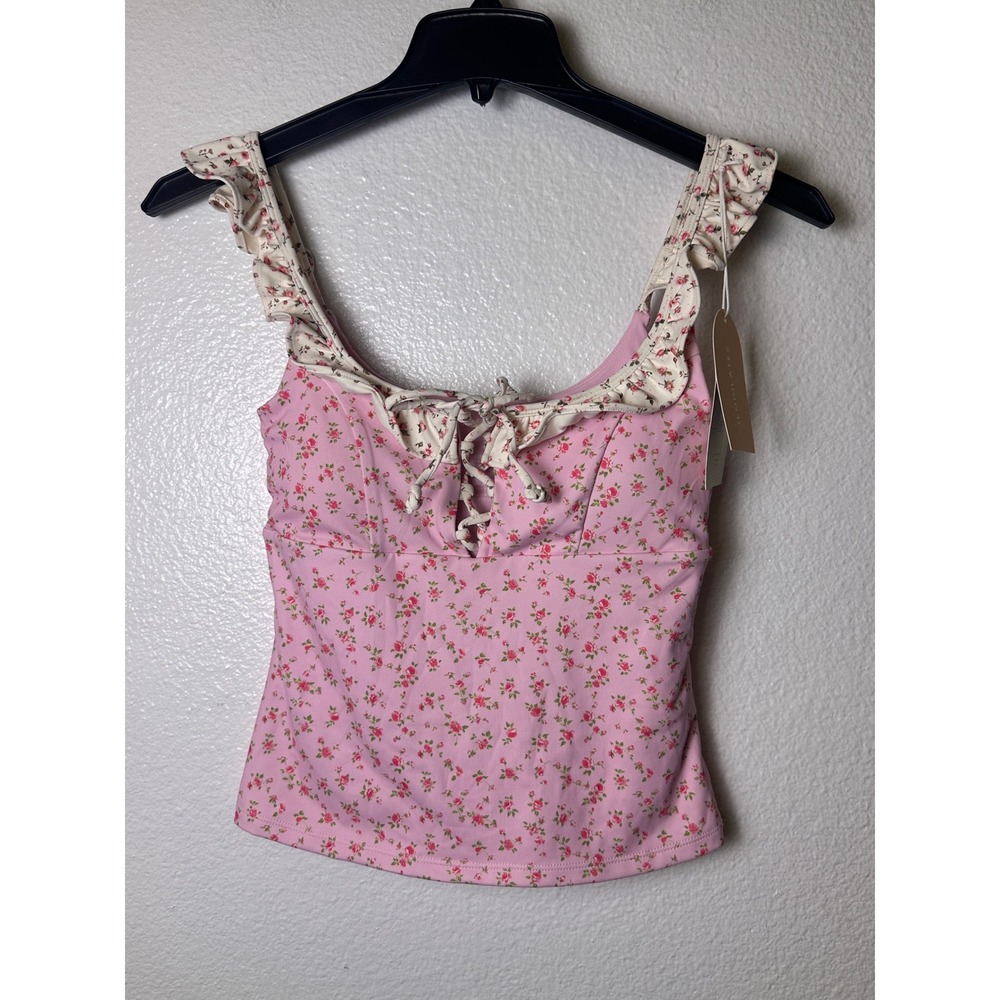 Blogilates Ruffle Lace Up Tank Pink Floral Print Built In Bra Top Small NWT